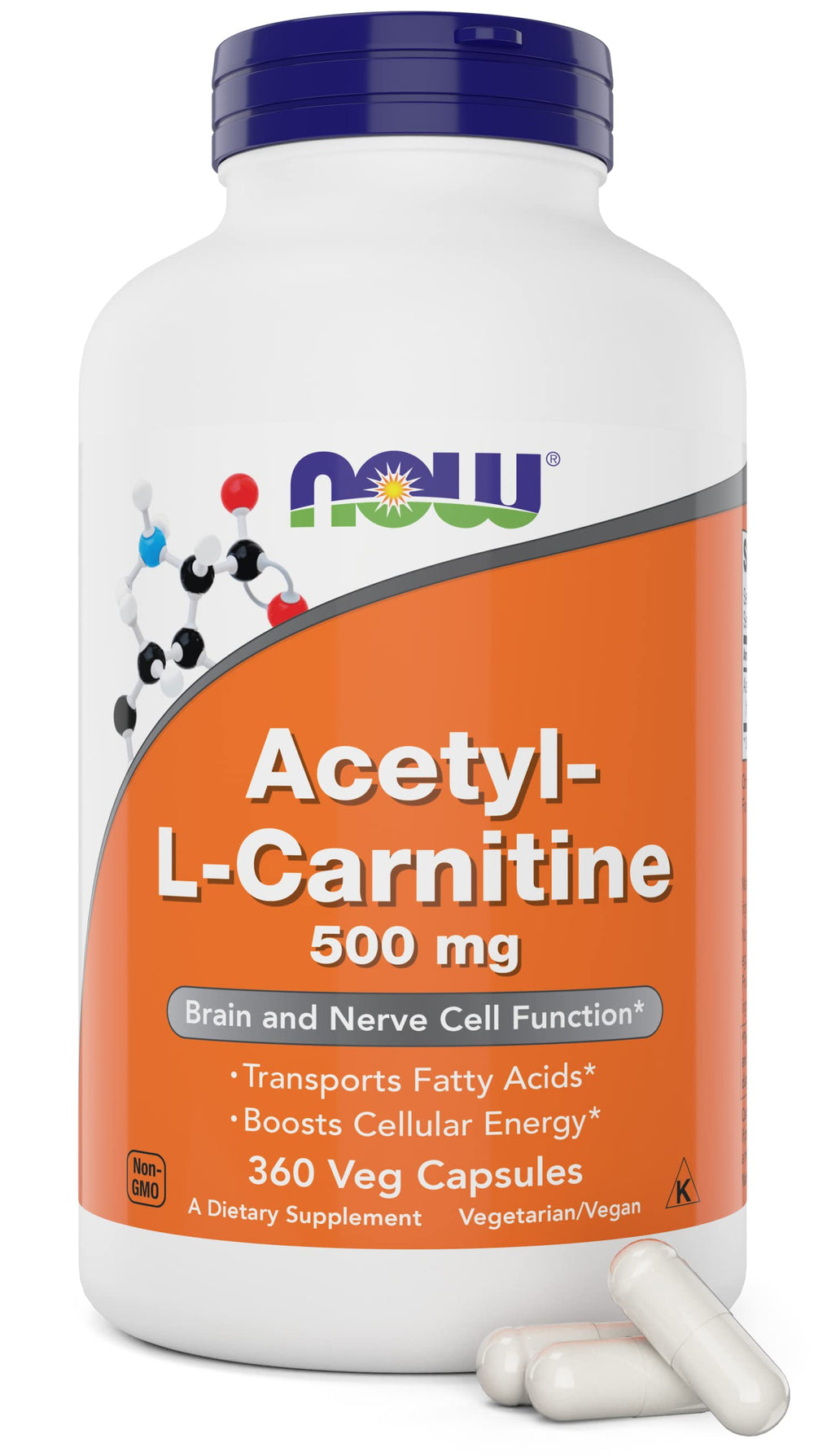 NOW Foods Acetyl-L-Carnitine 500mg bottle with capsules for daily energy support.