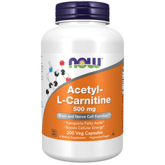 NOW Foods Acetyl-L-Carnitine 500 mg bottle on kitchen counter for daily energy support