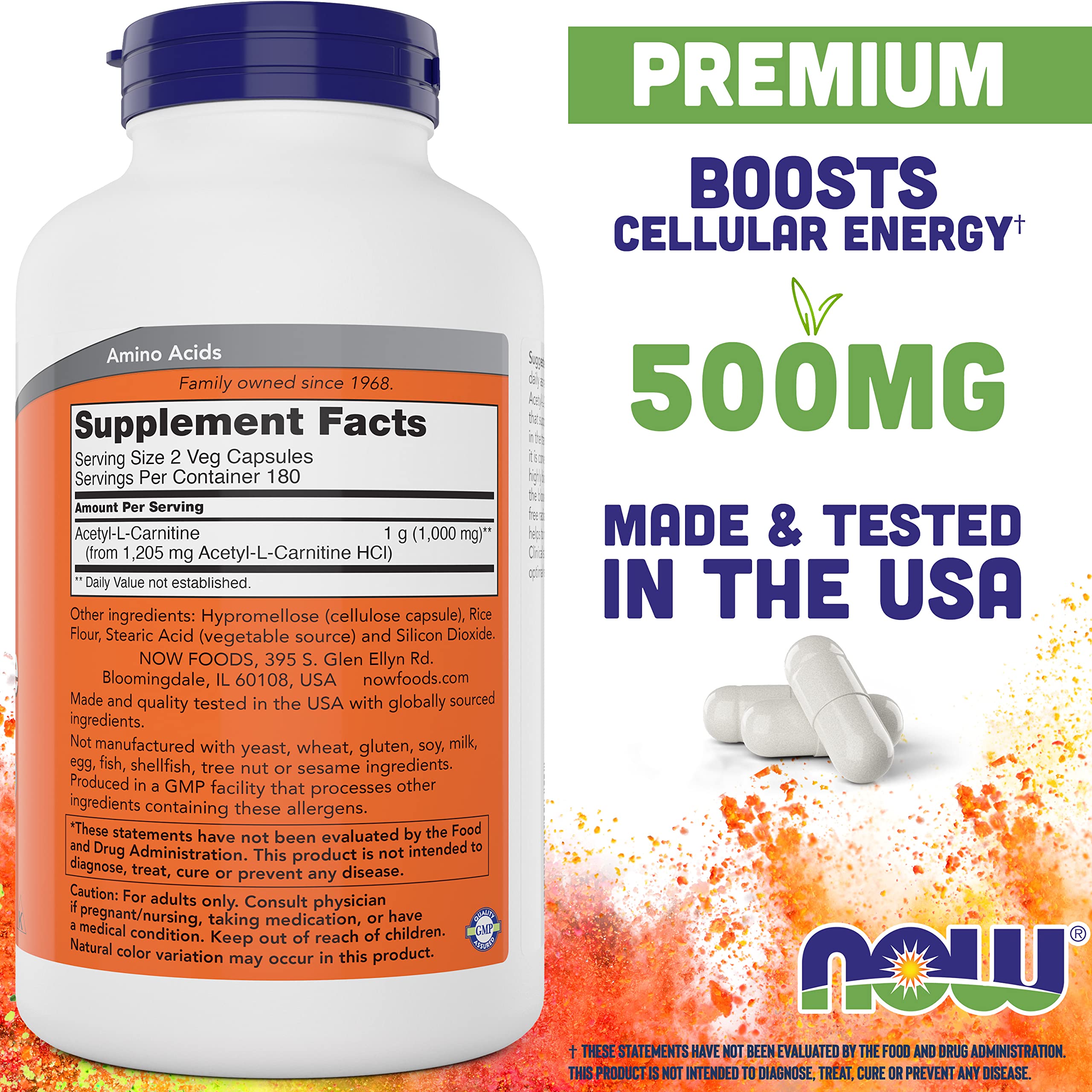 Close-up of NOW Foods Acetyl-L-Carnitine 500mg capsules for easy swallowing.