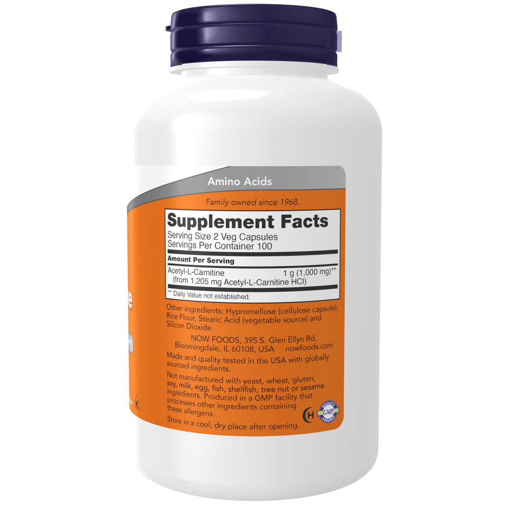 NOW Foods Acetyl-L-Carnitine capsules close-up for easy-to-swallow vegetarian capsules
