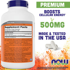 Close-up of NOW Foods Acetyl-L-Carnitine 500mg capsules for easy swallowing.
