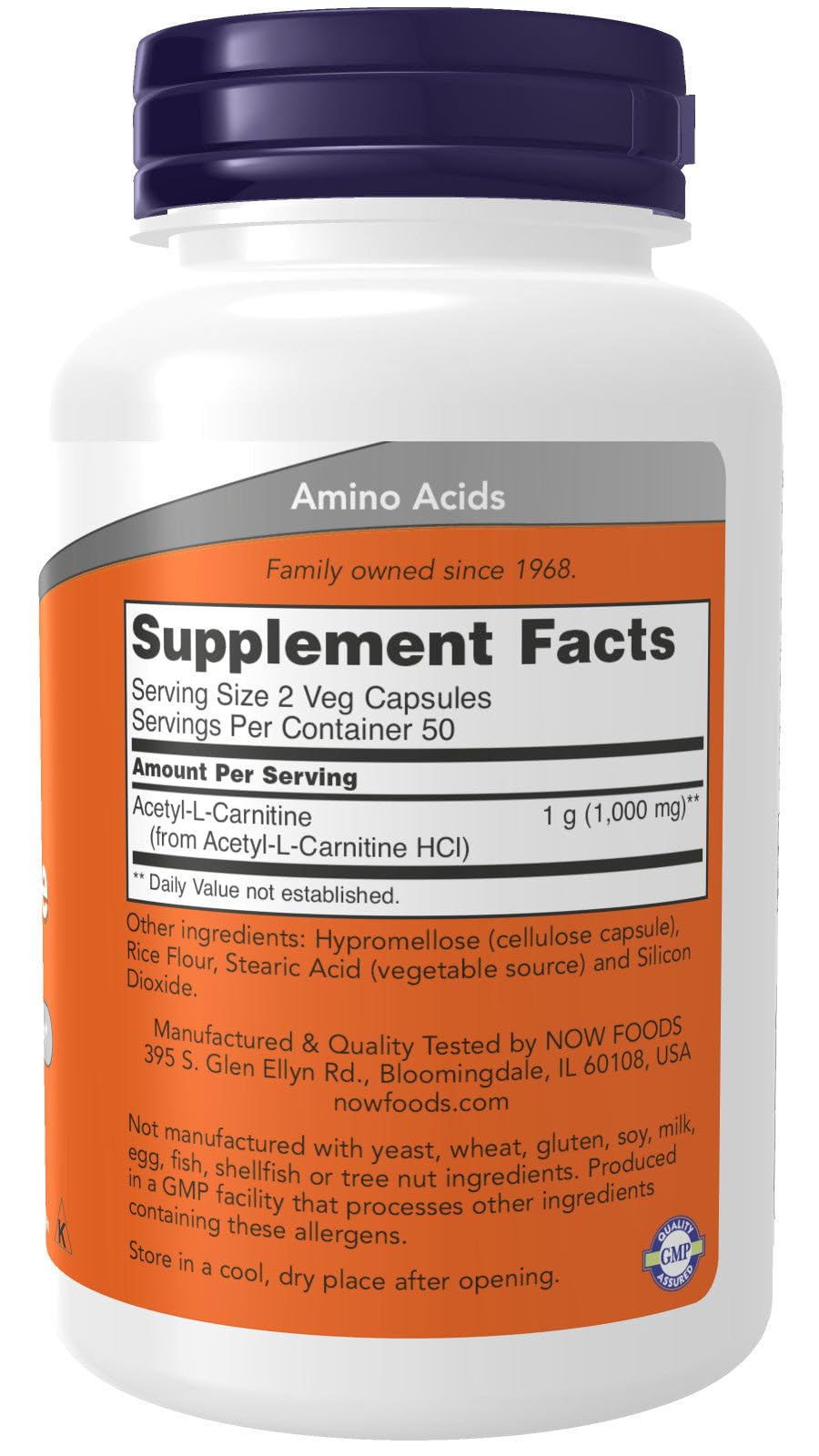 Now Foods Acetyl L-Carnitine 500 mg capsules; convenient vegan supplement for brain and energy support.