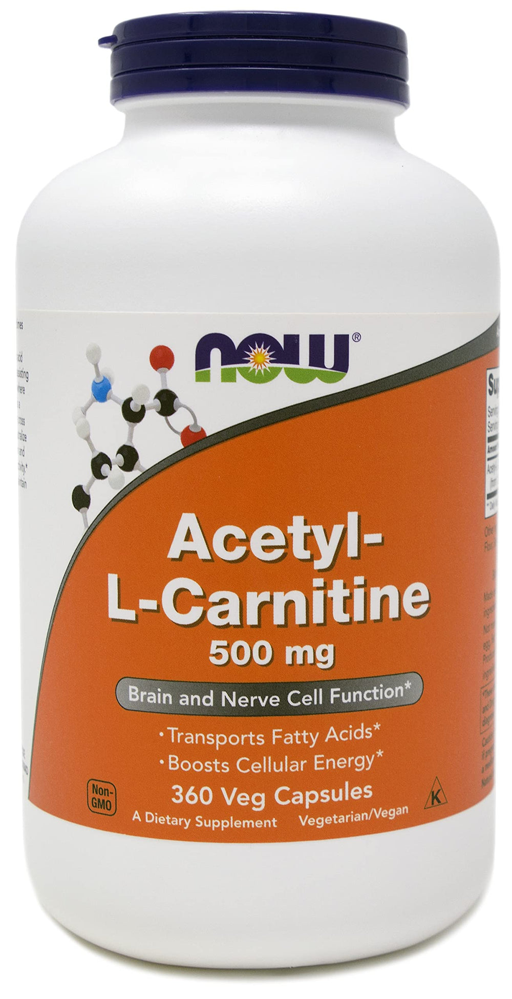 Kosher certification symbol on NOW Foods Acetyl-L-Carnitine bottle.