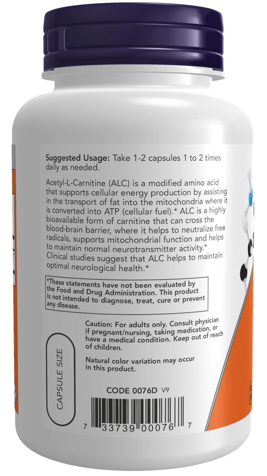 Now Foods Acetyl L-Carnitine 500 mg label; clear ingredients for informed daily supplementation.