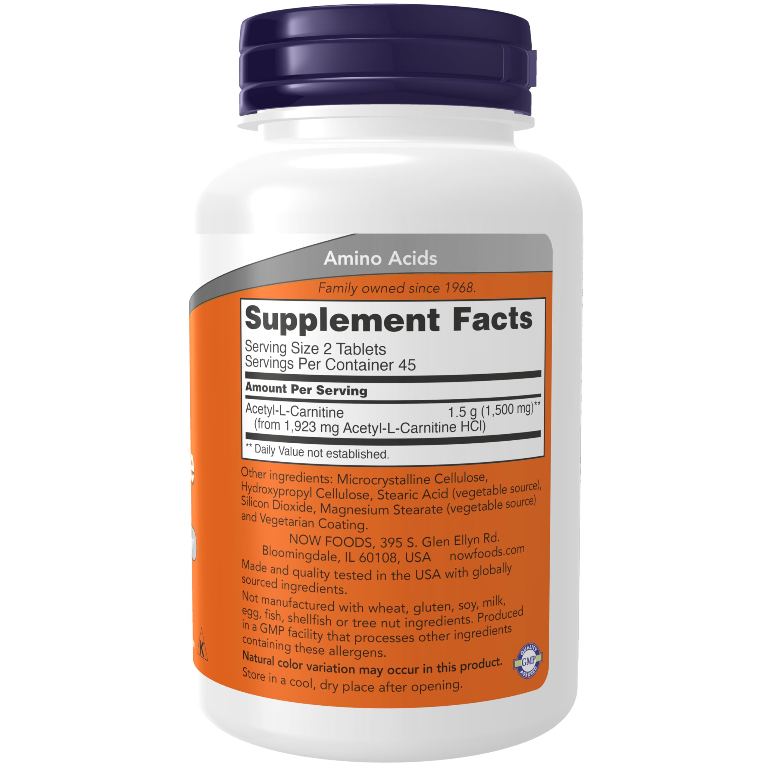 NOW Foods Acetyl-L-Carnitine 750 mg label close-up showing brain support potential