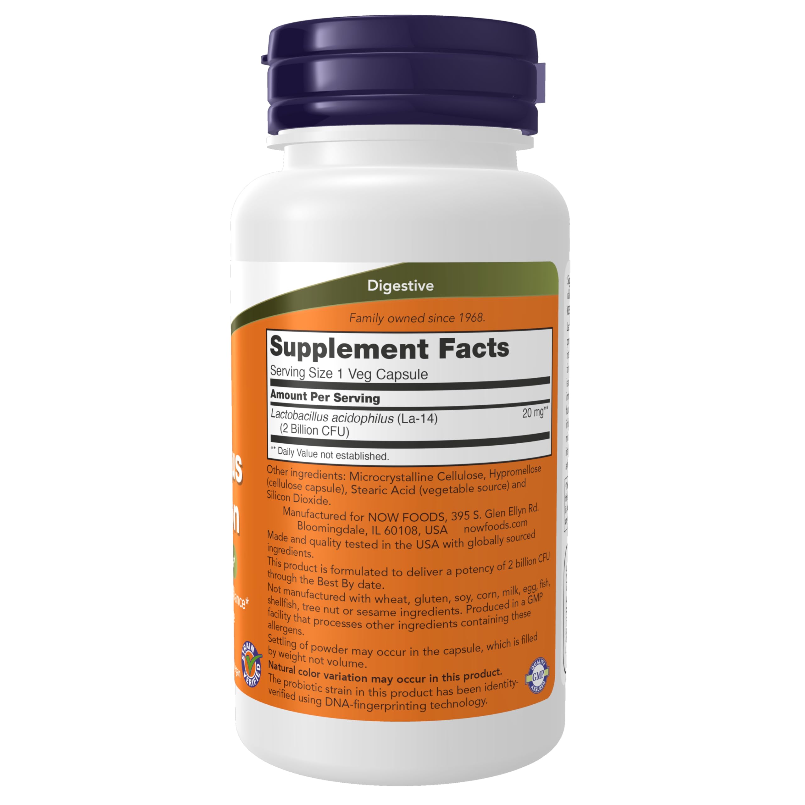 NOW Foods Acidophilus capsules closeup highlighting vegetarian capsules for daily use