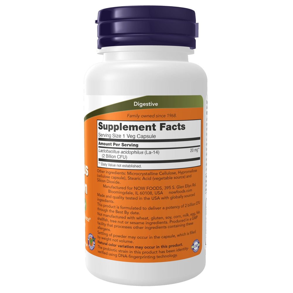 NOW Foods Acidophilus capsules closeup highlighting vegetarian capsules for daily use
