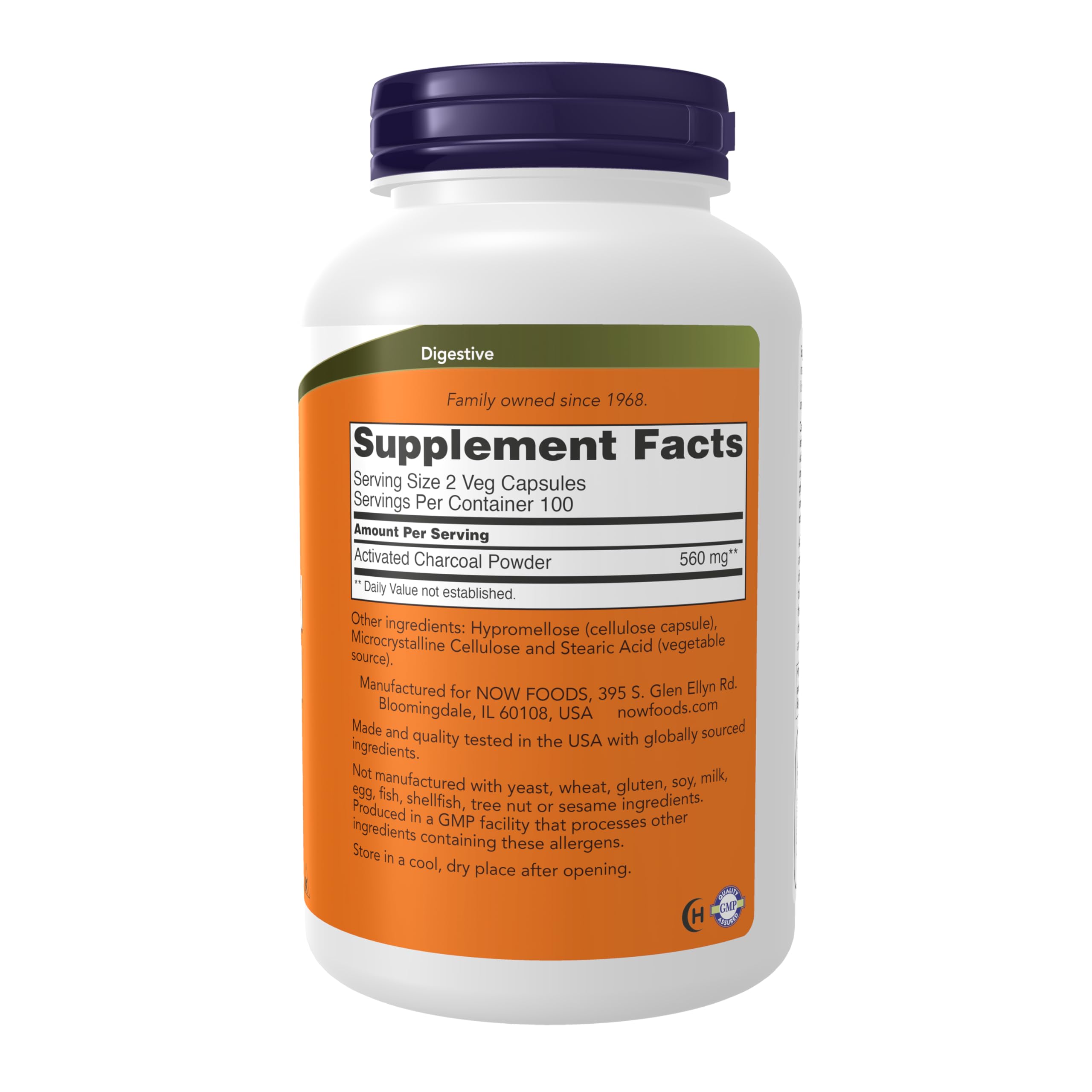 NOW Foods activated charcoal capsules arranged for gas and bloating relief