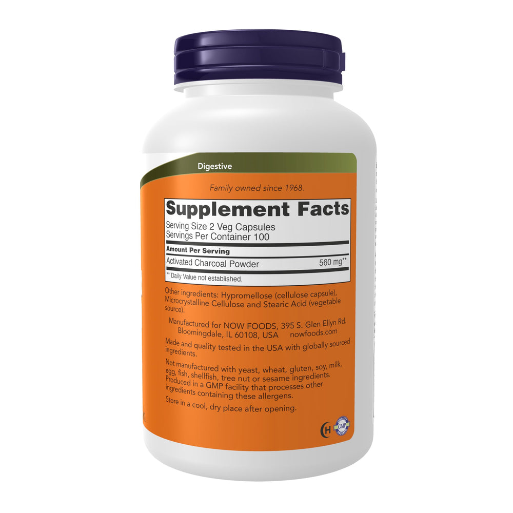NOW Foods activated charcoal capsules arranged for gas and bloating relief