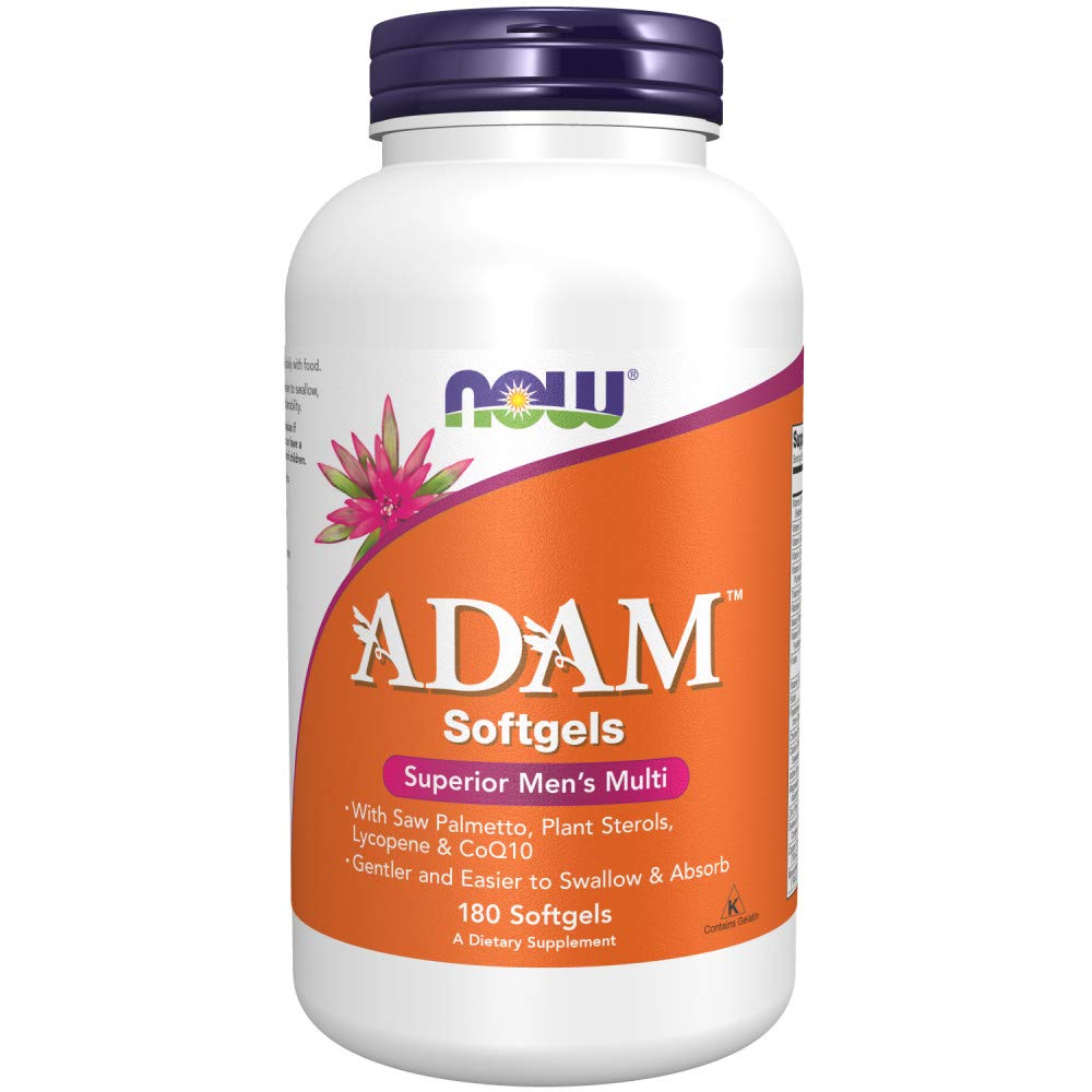 NOW Foods Adam Men’s Multivitamin softgel bottle for daily use.