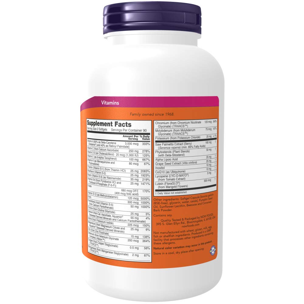 NOW Foods Adam Men's Multivitamin label shows comprehensive nutrient blend.