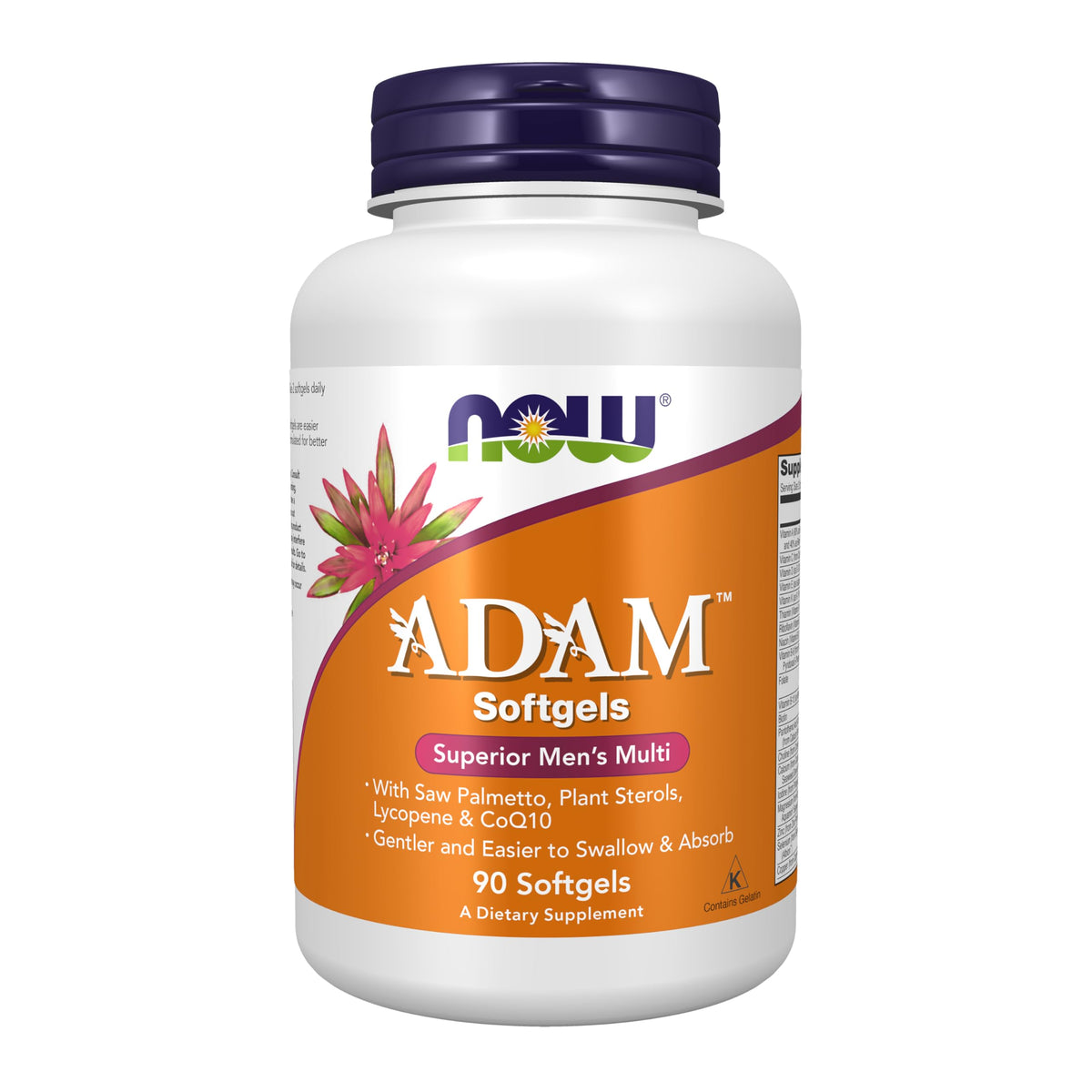 NOW Foods ADAM softgel bottle showing easy swallowing for daily vitality