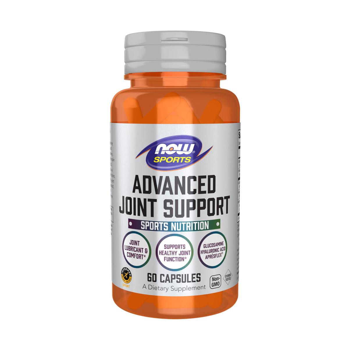 NOW Foods Advanced Joint Support bottle label highlights glucosamine and hyaluronic acid for joint health