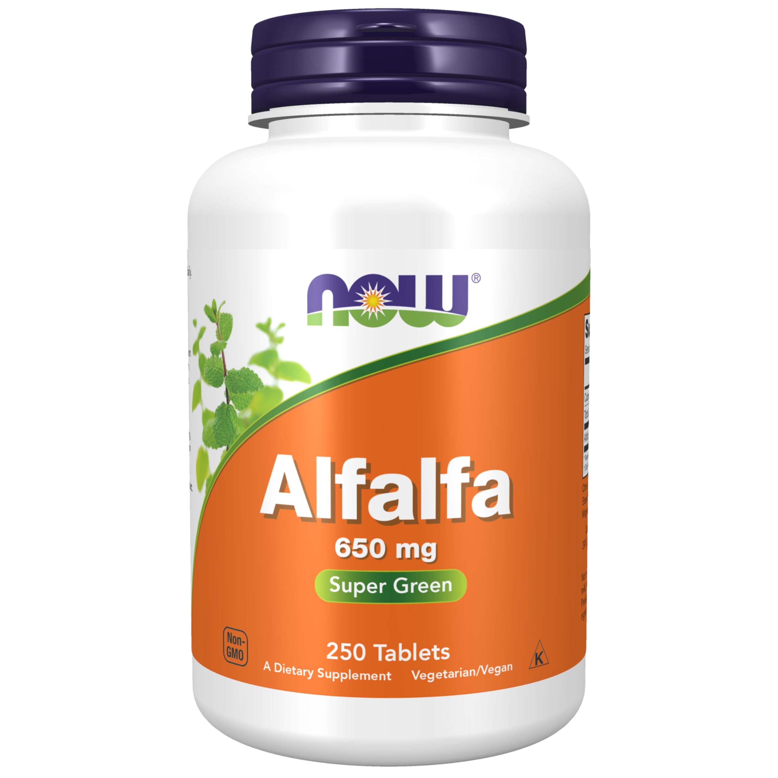 NOW Foods Alfalfa 650 mg bottle label showing leafy green nutrition for daily balance