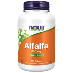 NOW Foods Alfalfa 650 mg bottle label showing leafy green nutrition for daily balance