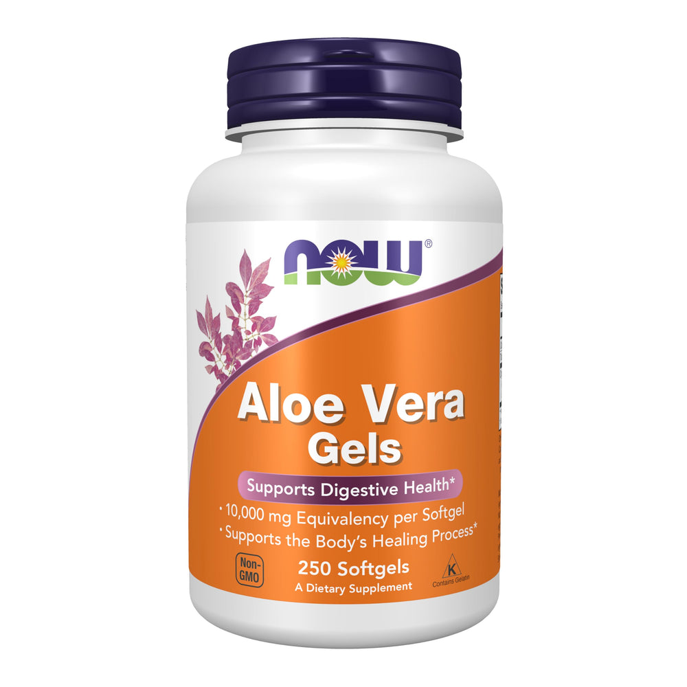 NOW Foods Aloe Vera softgel bottle highlighting 10,000 mg for digestive support.