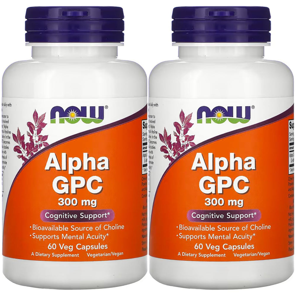 NOW Foods Alpha GPC 300 mg bottle with label, supports cognitive function.