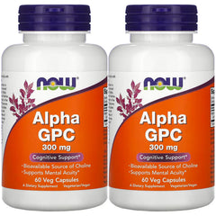NOW Foods Alpha GPC 300 mg bottle with label, supports cognitive function.