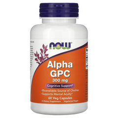 NOW Foods Alpha GPC 300 mg capsules for daily supplementation that may support mental clarity.
