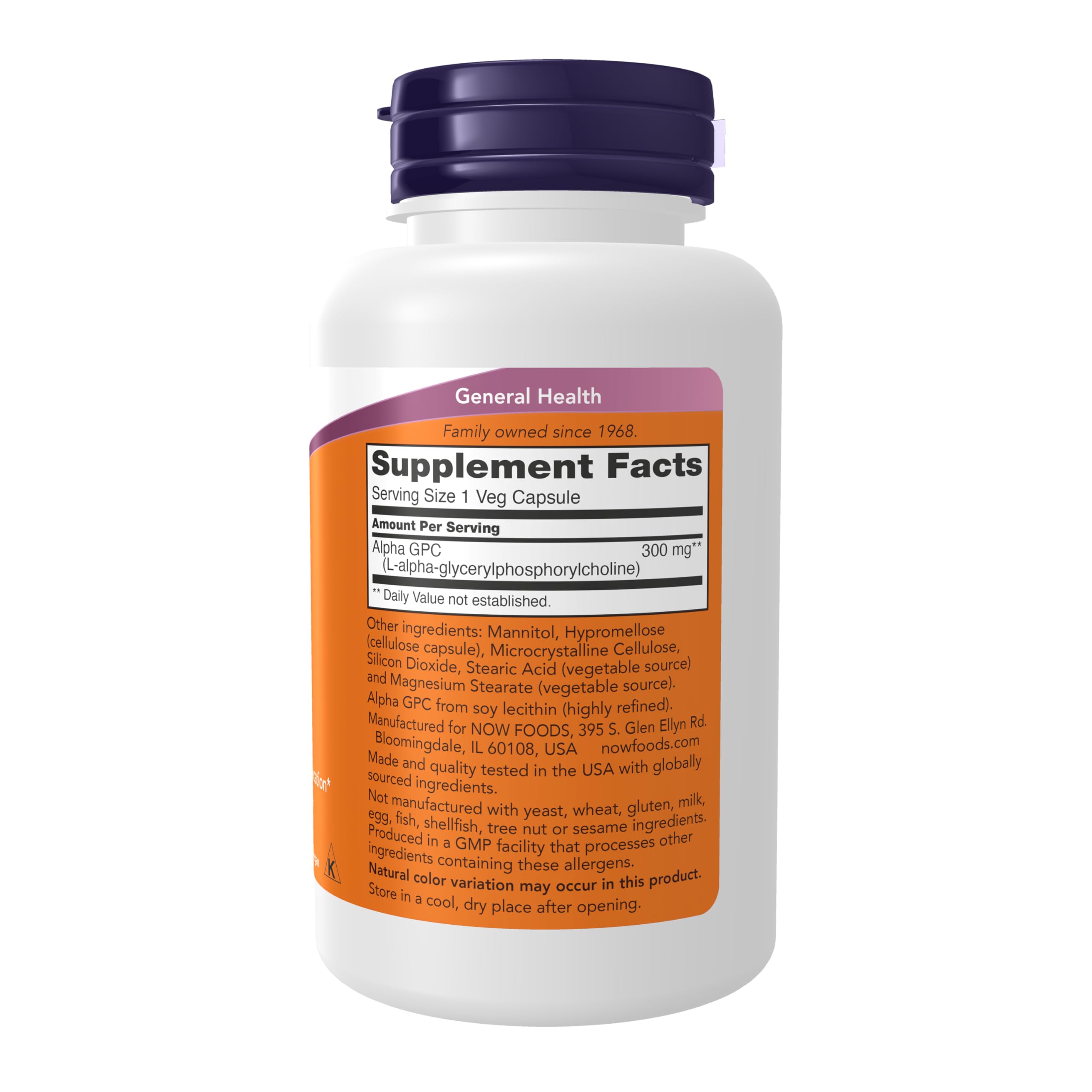 NOW Foods Alpha GPC capsules close-up showing capsule form.