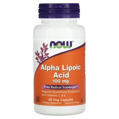 NOW Foods Alpha Lipoic Acid 100mg bottle for antioxidant support and energy metabolism.