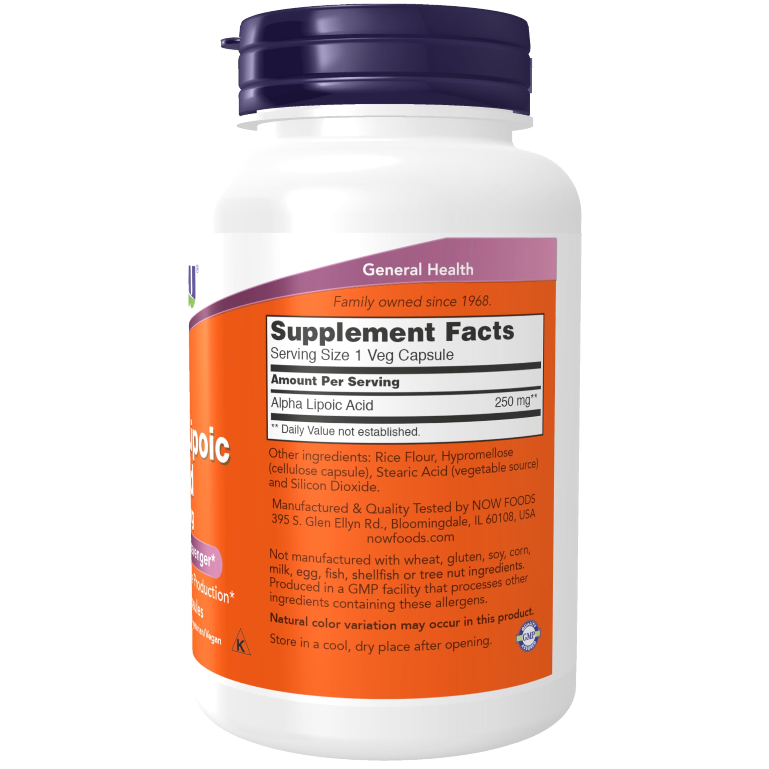 NOW Foods Alpha Lipoic Acid 250 mg capsules for daily antioxidant support.