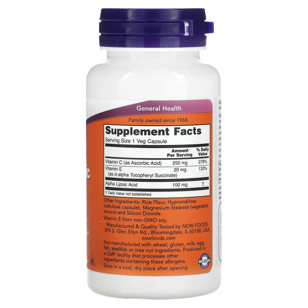 NOW Foods Alpha Lipoic Acid capsules closeup promoting daily wellness and antioxidant activity.