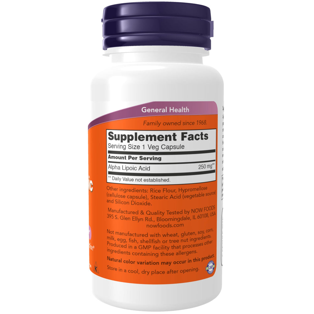 NOW Foods Alpha Lipoic Acid capsules closeup; convenient daily capsule for potential antioxidant support.
