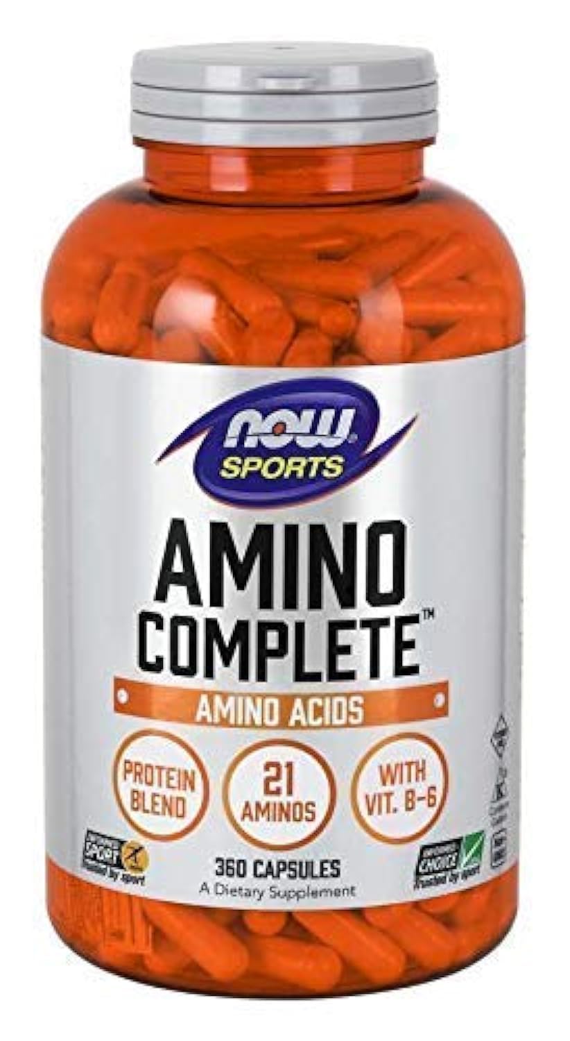 NOW Foods Amino Complete bottle label shows balanced amino acids for daily muscle support.