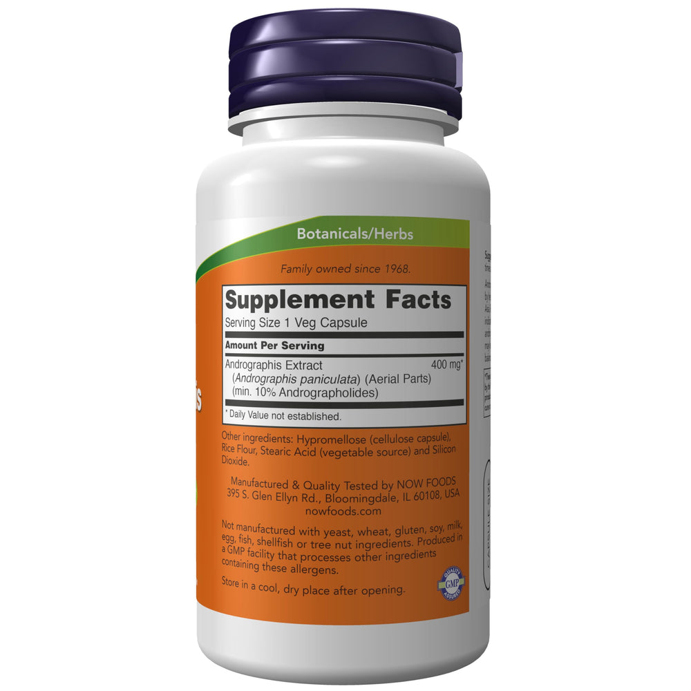 Cápsulas vegetales de NOW Foods Andrographis Extract 400 mg para consumo diario.