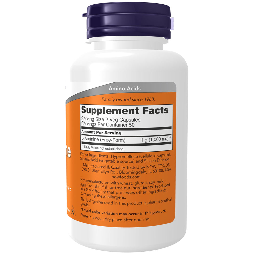 NOW Foods L-Arginine label highlights non-GMO, kosher, and soy-free standards.