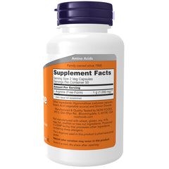 NOW Foods L-Arginine label highlights non-GMO, kosher, and soy-free standards.