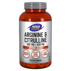 NOW Foods Arginine and Citrulline bottle with capsules for daily athletic support.
