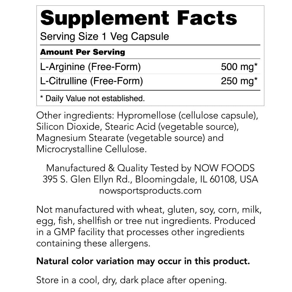 NOW Foods Arginine and Citrulline capsules showing 500 mg Arg and 250 mg Citrulline for workouts.