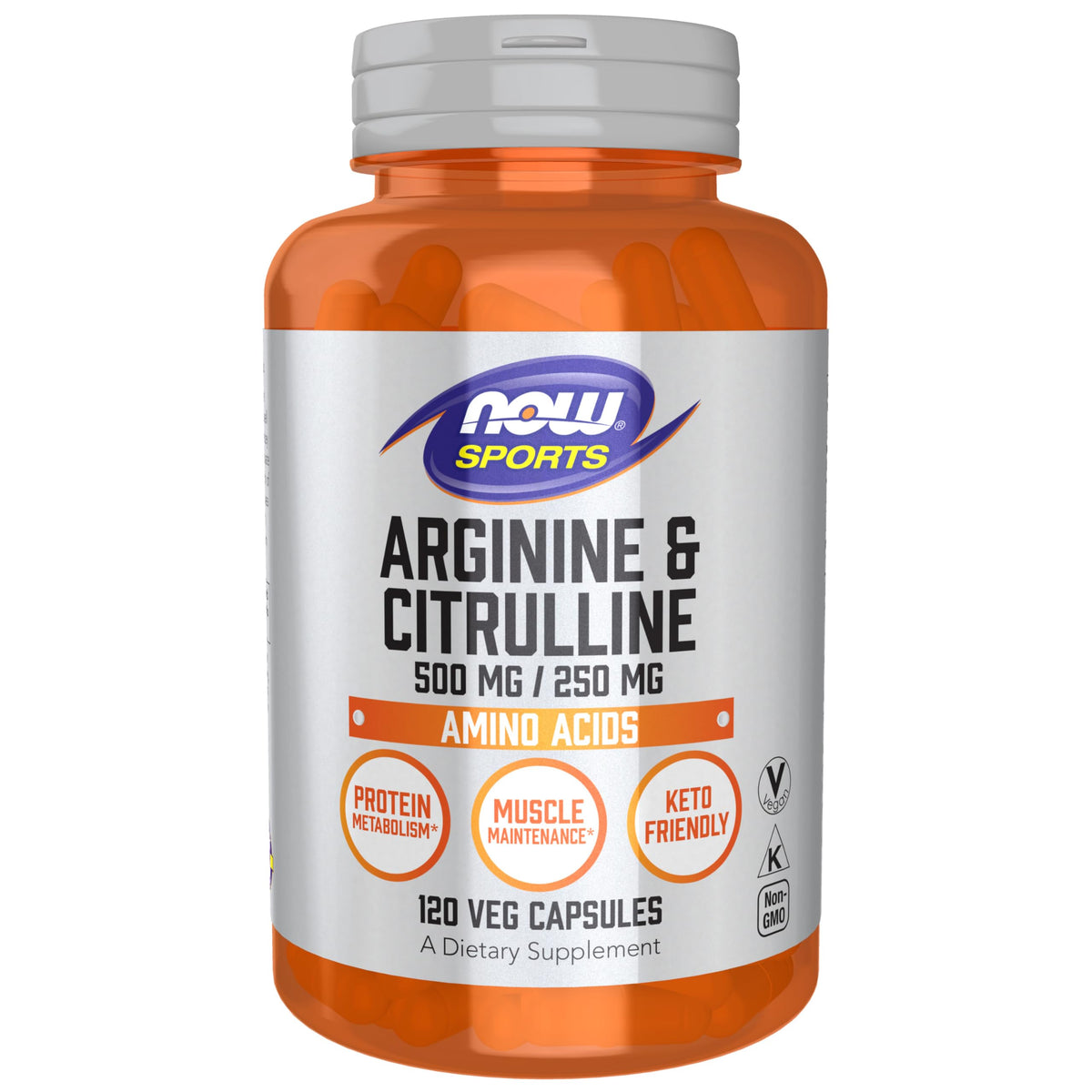 NOW Foods Arginine & Citrulline bottle shows protein metabolism support for active individuals.