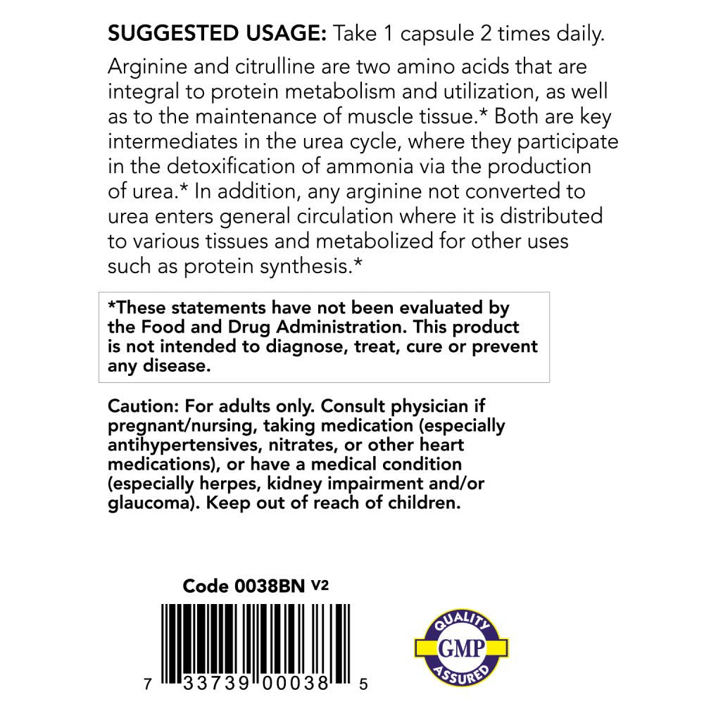 NOW Foods Arginine and Citrulline veggie capsules ready for daily use.