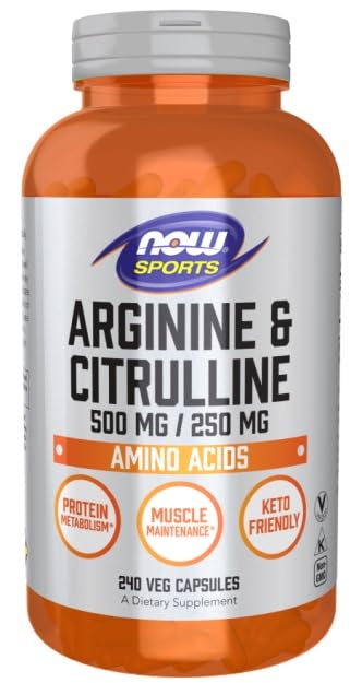 NOW Foods Arginine and Citrulline capsules in a bottle for convenient daily use.