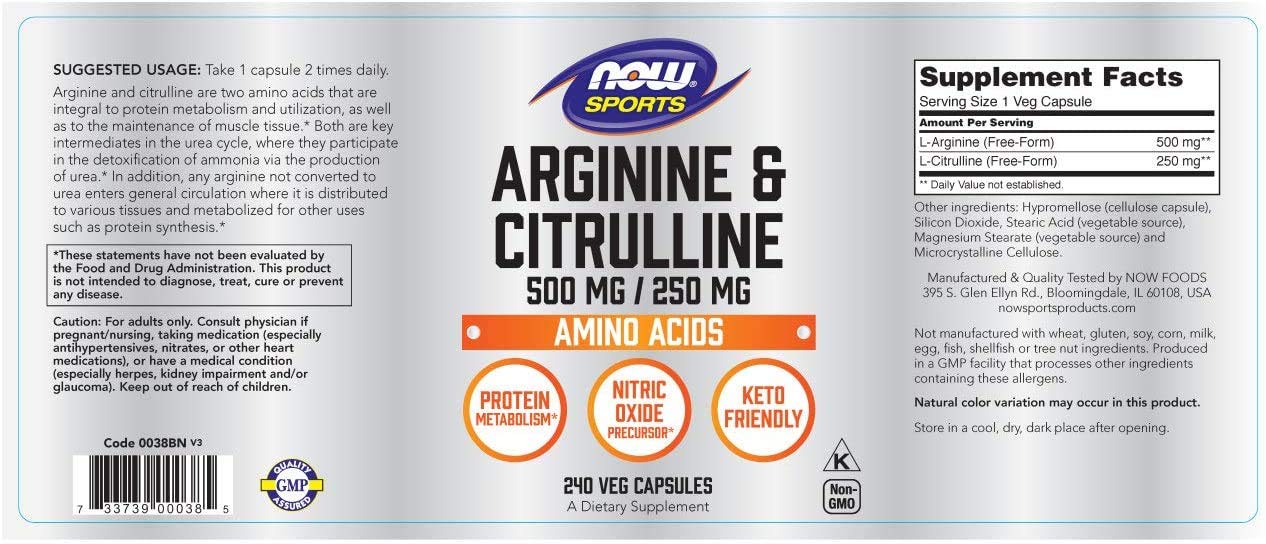 NOW Foods Arginine and Citrulline label close-up showing dosage and benefits.