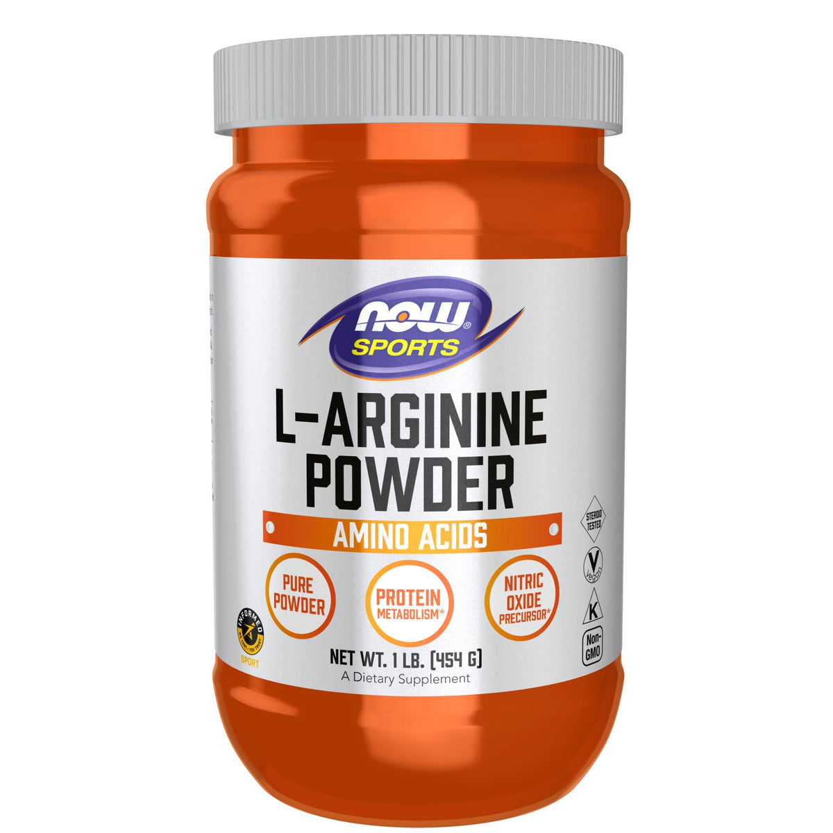NOW Foods L-Arginine Powder bottle showing pharmaceutical-grade formula