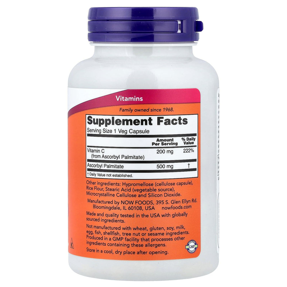 Close-up of NOW Foods Ascorbyl Palmitate 500 mg capsules, a convenient antioxidant option for daily wellness.