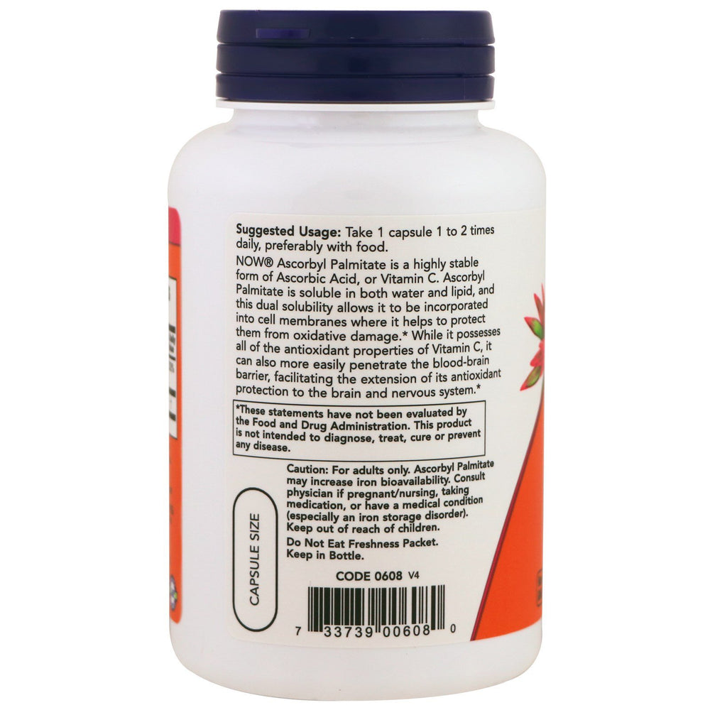 NOW Foods Ascorbyl Palmitate 500 mg label shown, highlighting 100 vegan capsules for easy supplementation.
