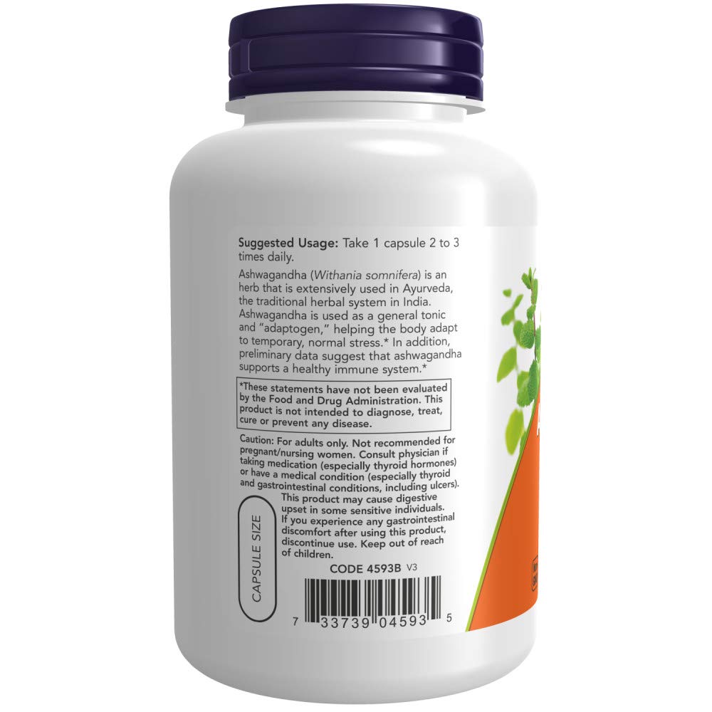 NOW Foods Ashwagandha 450 mg per serving label details clarity