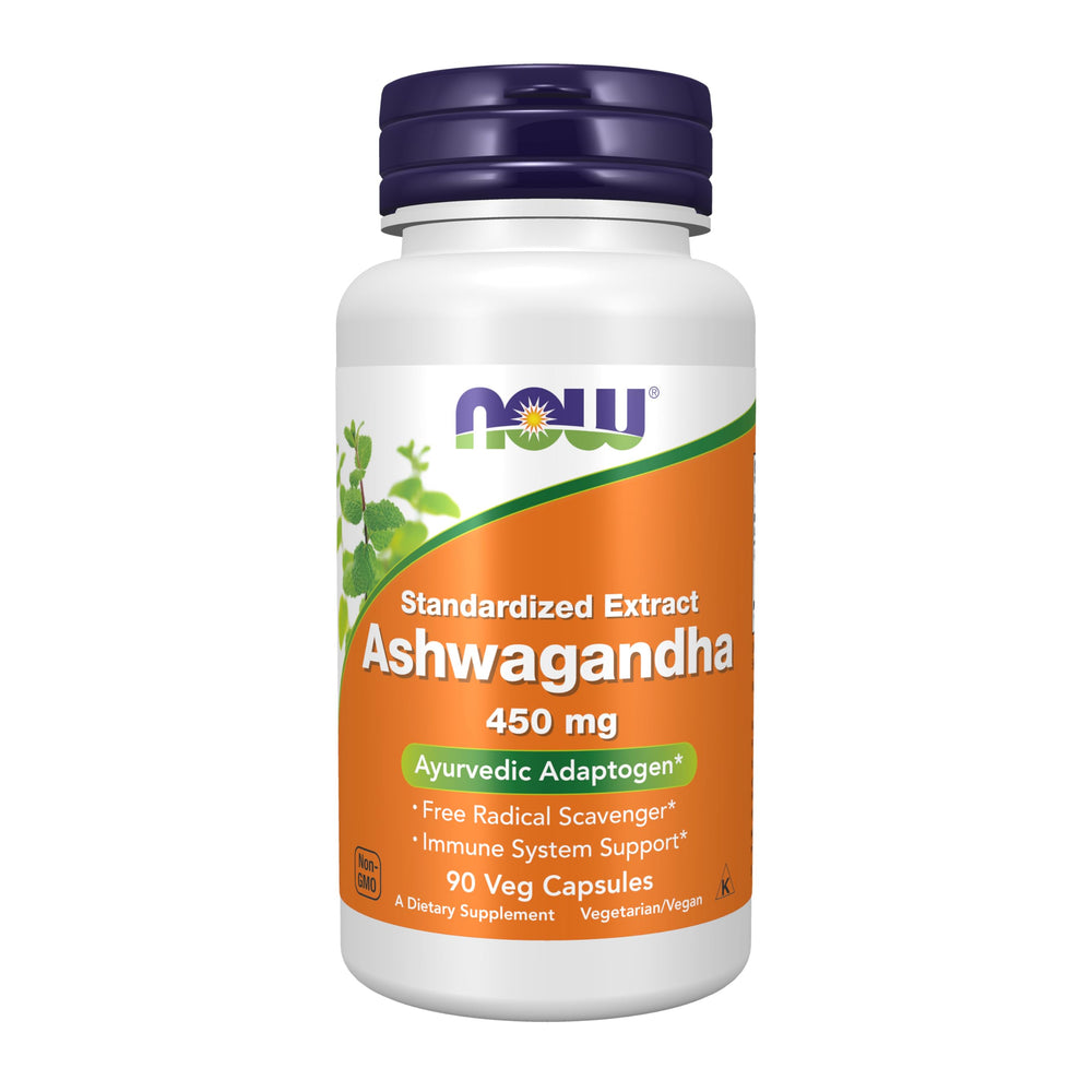 NOW Foods Ashwagandha bottle with standardized 450 mg extract for daily use