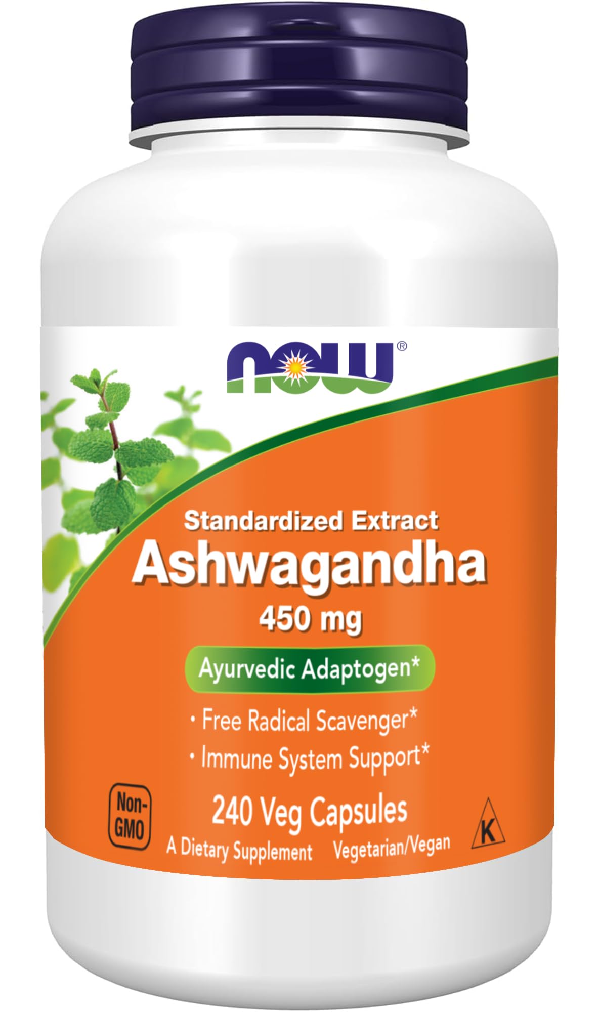 NOW Foods Ashwagandha extract 450 mg bottle front for daily adaptogen use