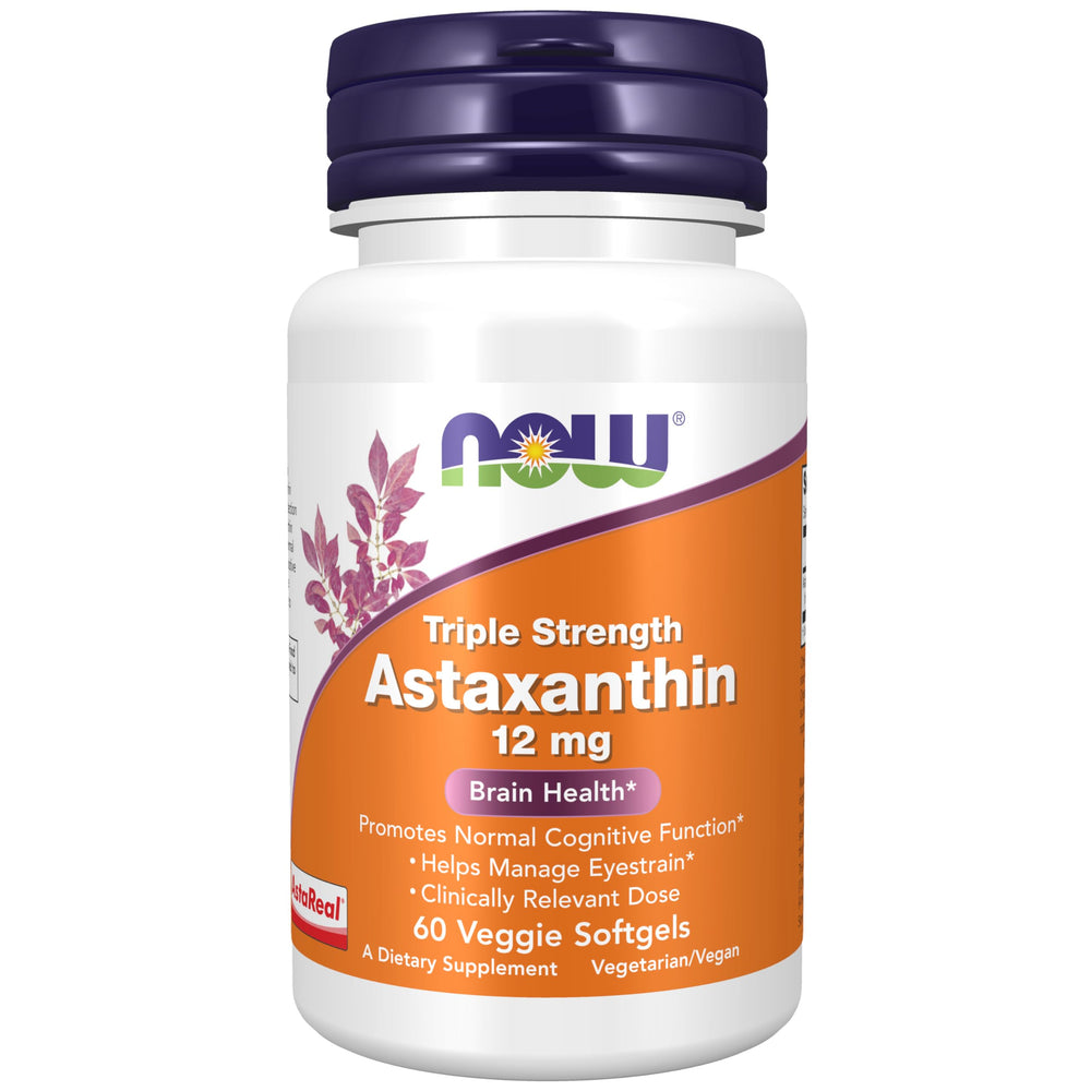 NOW Foods Astaxanthin 12 mg softgels bottle supports brain health and eye comfort.