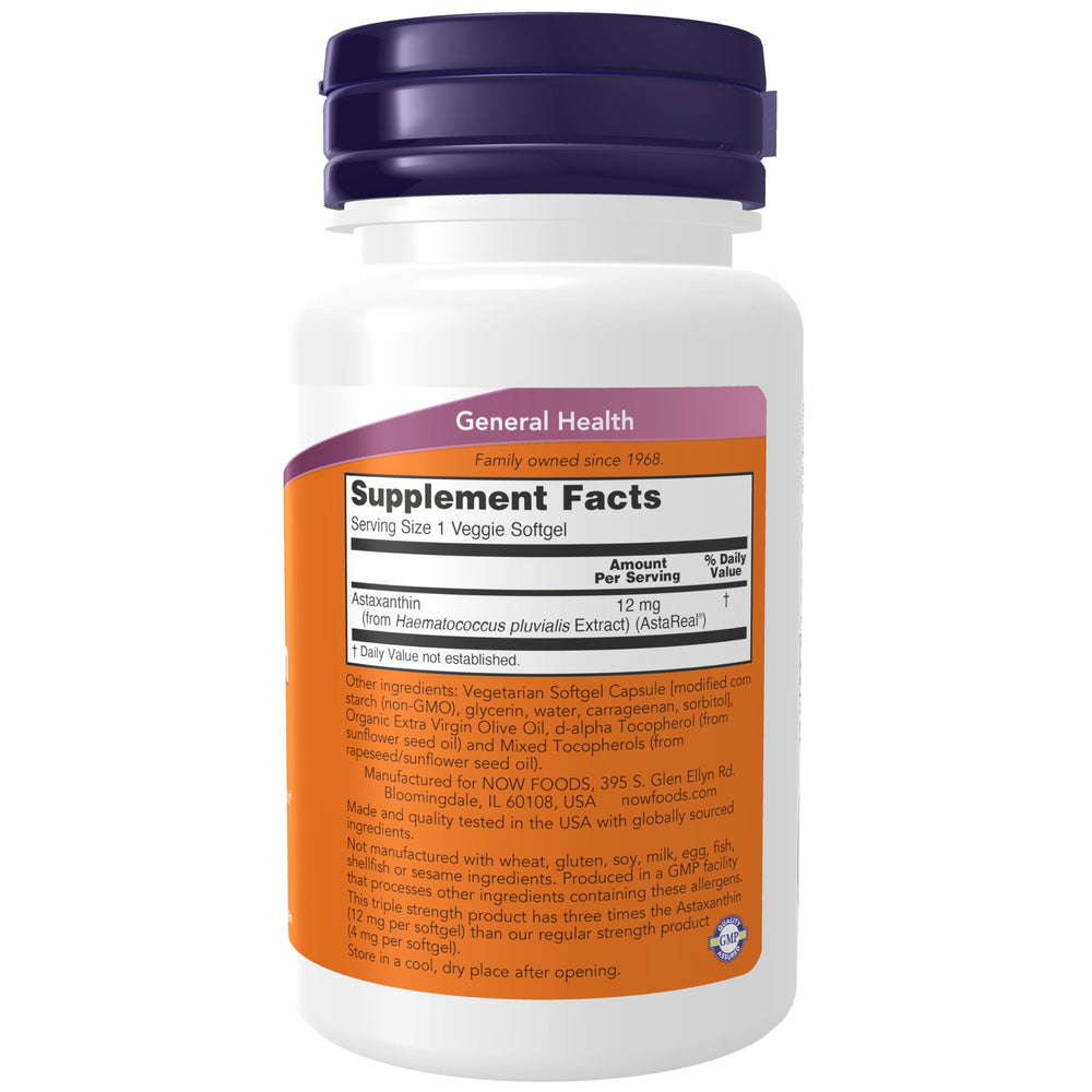 NOW Foods Astaxanthin 12 mg label highlights triple strength formulation for cognitive support.