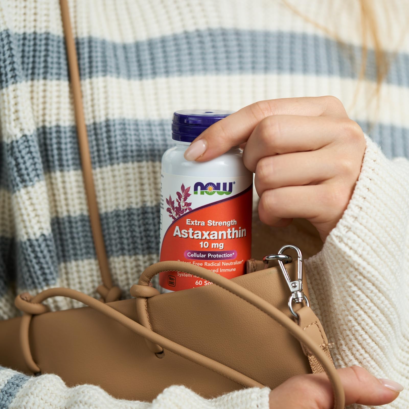 Astaxanthin bottle with meal setup illustrating taking with fat containing foods