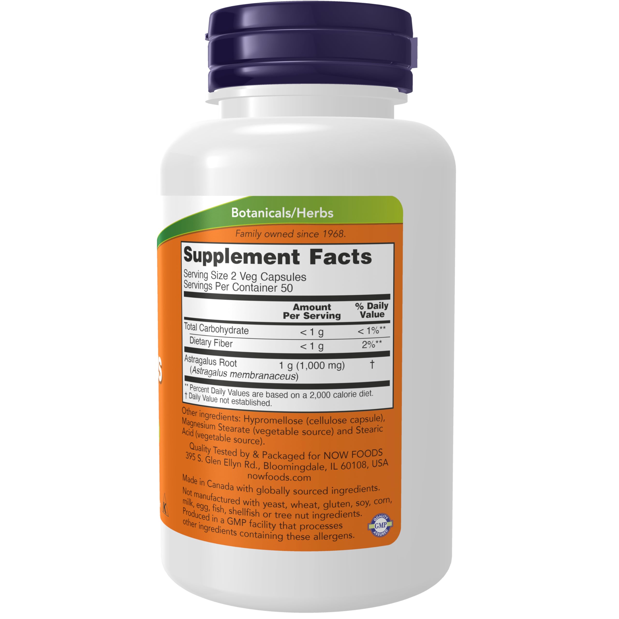 NOW Foods Astragalus 500 mg bottle label detailing ingredients and certifications