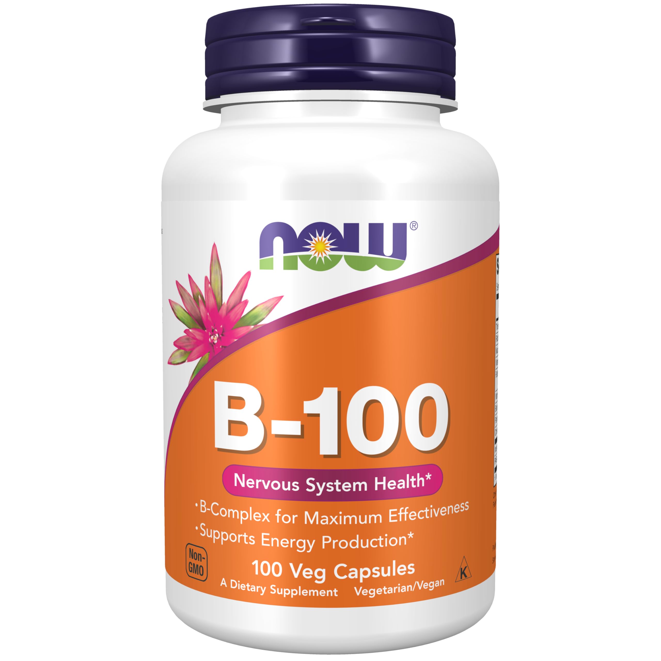 NOW Foods B-100 capsules in a bottle view with emphasis on daily energy and nervous system support