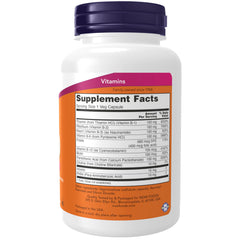 NOW Foods B-100 label close-up highlighting B vitamins and choline for energy metabolism